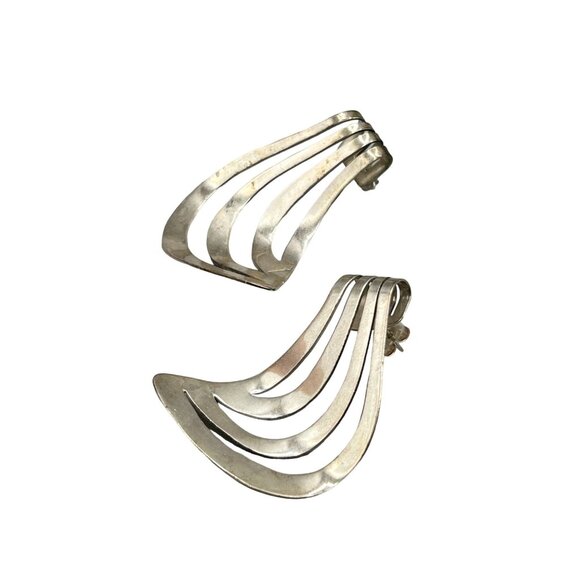 Taxco Mexico Earrings Sterling Silver 925 Pierced Free Form Wave Handcrafted - Picture 1 of 10